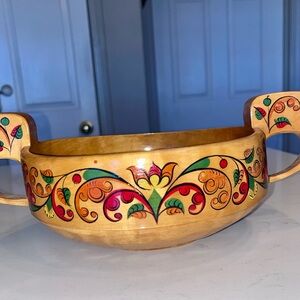 VTG 80’s Russian folk art hand made Khokhloma painted wooden bowl w/ handles 11”